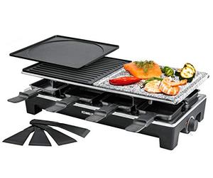 ROMMELSBACHER Raclette Grill RCS - 2 parrillas reversibles, 1 plancha de piedra, 8 sartenes, 8 rascadores, revestimiento antiadherente Xylan Plus, control de temperatura continuo, 1350 W, negro/acero