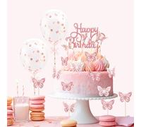 Romon 15 pcs Mariposa Feliz Cumpleaños Decoracion Suministros Set, Decoracion Tartas Cumpleaños con 2pcs Rose Gold Globo para Niños Niñas Feliz Cumpleaños Fiesta Decoraciones