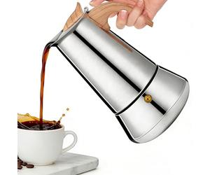 Romon Cafetera Italiana, 6 Tazas 300ml Plata, Cafetera Moka de Acero Inoxidable con Mango de Madera, Adecuada para Vitrocerámica, Camping y Gas