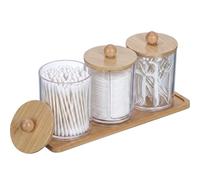 Romon Dispensador Discos Algodón, Juego de 3 Unidades Transparentes con Bandeja, 2 Contenedores Redondos + 1 Forma U, Tapas de Bambú, Organizador para Baño