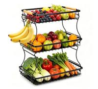 Romon Fruteros De Cocina 3 Pisos Negro, Diseño Calado Con Ganchos, Decoración De Mesa, Estante Metálico para Frutas Y Verduras, Ideal para Encimera De Cocina