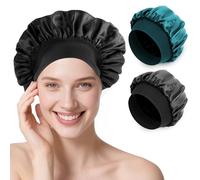 Romon Gorro de Raso, 2 Piezas Gorro de Seda para Dormir Gorro de Raso Ajustable para Pelo Rizado con Banda Elástica Ancha, Negro y Azul Pavo Real