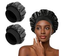 Romon Gorro Saten Pelo Rizado, 2 Piezas Gorro de Saten Ajustable y Respirable, Gorro para Dormir Mujer con Pelo Largo y Rizado, Negro