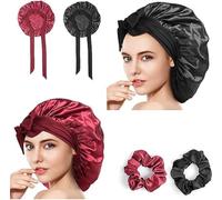 Romon Gorro Saten Pelo Rizado, 4 Piezas Gorro de Saten Ajustable y Respirable, Gorro para Dormir Mujer con Pelo Largo y Rizado, Negro&Rojo