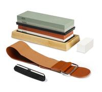 Romon Kit de Afilado 4 en 1 con Base de Bambú y Cuero para Todo Tipo de Cuchillos