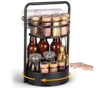 Romon Organizador de platos giratorios 360° Lazy Susan, especieros para cocina con Porta Servilletas, 2 Niveles Ajustables Anti-Deslizante de Acero Inoxidable para Botellas Altas y Bajas, Negro