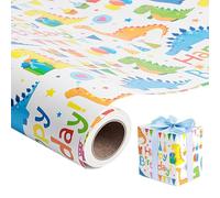 Romon papel regalo, 43 cm x 10 m Rollo papel regalo con diseños de dinosaurios y "Feliz cumpleaños", Papel de regalo cumpleaños ideal para niños