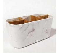 Romon Soporte Cepillo De Dientes, Portacepillos de Dientes de Bambú con 5 Compartimentos, Organizador Baño con Diseño de Mármol, Multifuncional Portalápices, para Baño Oficina Hogar, 21×9×10CM
