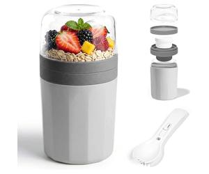 Romon Taza de Yogur y Cereales, Gris 520ml+250ml Vasos Yogurtera con Tapa, Sin BPA, Vaso Yogur y Cereales para Llevar con Cubiertos Integrados, Porta Yogur Portátil con Microondas y Frigorífico