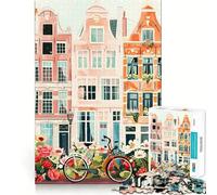 Rompecabezas 1000 Casas de Ámsterdam y Arte de Bicicletas Diversión precisa para unir Las articulaciones Juego cognitivo Diversión para Relajarse Juego artístico de cumpleaños (50x75cm)