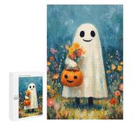 Rompecabezas 1000 PCS para Adolescentes Halloween Ghost with Flowers and Pumpkin Rompecabezas para Adultos Juego Práctico Pero Divertido Y Humorístico para Cumpleaños, Navidad 1000 PCS