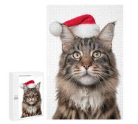 Rompecabezas 1000 PCS para Adolescentes Maine Coon Cat with Santa Hat Portrait Rompecabezas para Adultos Juego Familiar Decoración del Hogar para Cumpleaños, Navidad 1000 PCS