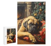 Rompecabezas 1000 PCS para Adolescentes Mastiff Dog by Fireplace with Christmas Tree Rompecabezas para Adultos Juego Familiar Una Obra De Arte como Regalo para Toda La Familia 1000 PCS
