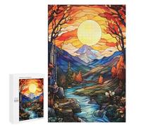 Rompecabezas 1000 PCS para Adolescentes Stained Glass Autumn Landscape with River Rompecabezas para Adultos Juego Práctico Arte De Pared Desafiante De Completar 1000 PCS