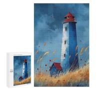 Rompecabezas 1000 PCS para Adolescentes Watercolor Lighthouse Art Blue Lighthouse with Grasses Calm Coastal Print Rompecabezas para Adultos Juguetes DIY para La Diversión Familiar Ayuda A Ejercitar