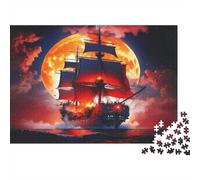 Rompecabezas 1000 Piezas Barco Lunar Rojo, mar Oscuro, Regalo Ideal Aficionados, Adultos y niños, Actividad Familiar, 52x38cm/1000pcs