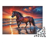 Rompecabezas 1000 Piezas Caballo en Atardecer para Adultos Papel Grueso Decoración de Pared Caballo en Playa Puzzle Educativo Relajante Regalo 70x50cm/1000pcs