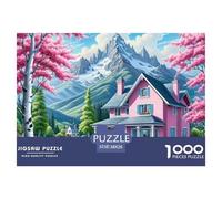 Rompecabezas 1000 Piezas Casa Rosa montaña cerezos Primavera, Juego antiestrés Familiar difícil 38x26cm Adultos niños