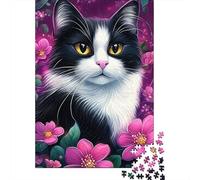 Rompecabezas 1000 Piezas Gato Esmoquin Floral Morado Encanto Caprichoso Papel Reciclado para Adultos Regalo Divertido Casa 38x26cm/1000pcs