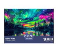 Rompecabezas 1000 Piezas, Jungla Reflejo Lago Aurora Boreal Vibrante etéreo Sereno, decoración, 38x26cm