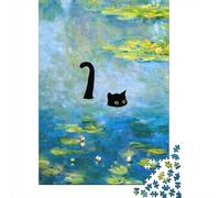Rompecabezas 1000 Piezas Lirios de Agua y Gato Negro, Papel Reciclado Regalo Mujer Hombre, Juego Educativo Desafiante 70x50cm/1000pcs