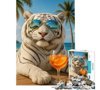 Rompecabezas 1000 Tigre Genial con Cóctel en la Playa Actividades Divertidas en Casa Desafío Difícil Juego Imposible para Mayores de 14 Años (38x26cm)