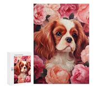 Rompecabezas 300 PCS Cavalier King Charles Spaniel in Roses Rompecabezas para Adultos Juguete Decoración De Pared Patrón De Ensamblaje Oferta como Regalos para Toda La Familia 300 PCS