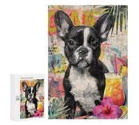 Rompecabezas 300 PCS French Bulldog Tropical Cocktail Art Print Rompecabezas para Adultos Mejora La Memoria Interacción Entre Padres E Hijos Juegos De Ingenio para La Familia 300 PCS