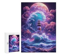 Rompecabezas 300 PCS Ocean Wave Lighthouse Moon Rompecabezas para Adolescentes Alivia El Estrés Desafío Educativo Regalos Y Cumpleaños Únicos 300 PCS