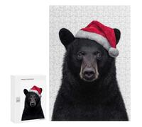 Rompecabezas 300 PCS para Adolescentes Black Bear with Christmas Santa Hat Rompecabezas para Adultos Juego Práctico Decoración del Hogar Cumpleaños Y Navidad 300 PCS