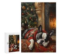 Rompecabezas 300 PCS para Adolescentes Boston Terrier in Sweater by Fireplace Painting Rompecabezas para Adultos Juego Familiar Decoración del Hogar para Cumpleaños, Navidad 300 PCS