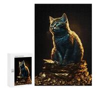 Rompecabezas 300 PCS para Adolescentes Cat Sitting on Pile Gold Rompecabezas para Adultos Juego Familiar Decoración del Hogar para Cumpleaños, Navidad 300 PCS