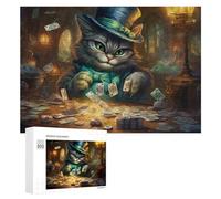 Rompecabezas 300 PCS para Adolescentes Charming Cat in Top Hat Playing Cards Rompecabezas para Adultos Juego Familiar Carrera De Velocidad De Manos Regalos para Reducir El Estrés 300 PCS