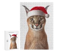 Rompecabezas 300 PCS para Adolescentes Christmas Caracal Cat with Santa Hat Rompecabezas para Adultos Juego Práctico Pero Divertido Y Humorístico para Cumpleaños, Navidad 300 PCS