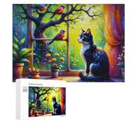 Rompecabezas 300 PCS para Adolescentes Colorful Cat and Birds Scene Rompecabezas para Adultos Juegos Relajantes Difícil Difícil Desafío Educativo 300 PCS