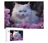 Rompecabezas 300 PCS para Adolescentes Fluffy White Cat with Blue Eyes Surrounded by Pink Flowers Rompecabezas para Adultos Juegos Relajantes Difícil Difícil Desafío Educativo 300 PCS