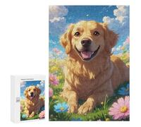 Rompecabezas 300 PCS Para Adolescentes Happy Golden Retriever Dog in Sunny Flower Meadow - Cute Anime Style Cartoon Dog Portrait Art Rompecabezas Para Adultos Juego Práctico Arte De Pared Desafiante D