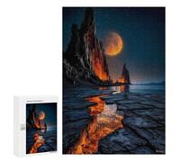 Rompecabezas 300 PCS para Adolescentes Luminous Moonlit Cliffs with Fiery Lava Stream - Vivid Horizon Landscape Rompecabezas para Adultos Juego Práctico Arte De Pared Desafiante De Completar 300 PCS