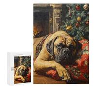 Rompecabezas 300 PCS para Adolescentes Mastiff Dog by Fireplace with Christmas Tree Rompecabezas Juegos Familiares Ensamblaje De Patrones Cumpleaños Y Navidad 300 PCS