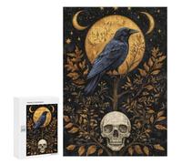 Rompecabezas 300 PCS para Adolescentes Mystical Raven and Skull Under Golden Moon Rompecabezas para Adultos Juego Práctico Decoración del Hogar Cumpleaños Y Navidad 300 PCS