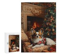 Rompecabezas 300 PCS para Adolescentes Papillon Dog by Fireplace Elegant Christmas Dog Art Rompecabezas para Adultos Juego Práctico Decoración del Hogar Cumpleaños Y Navidad 300 P