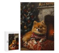 Rompecabezas 300 PCS para Adolescentes Pomeranian Christmas Portrait Cute Christmas Dog Art Rompecabezas para Adultos Juego Práctico Decoración del Hogar Cumpleaños Y Navidad 300