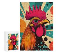 Rompecabezas 300 PCS para Adolescentes Retro Rooster Illustration Vibrant Rooster Striking Pop Art Farm Animal Print Rompecabezas para Adultos Juego Práctico Decoración del Hogar