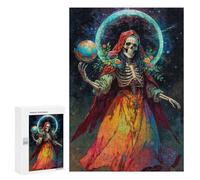 Rompecabezas 300 PCS para Adolescentes Santa Muerte with Globe and Flowers Rompecabezas para Adultos Juego Práctico Arte De Pared Desafiante De Completar 300 PCS