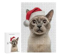 Rompecabezas 300 PCS para Adolescentes Tonkinese Cat Wearing Santa Hat Rompecabezas para Adultos Juego Práctico Decoración del Hogar Cumpleaños Y Navidad 300 PCS