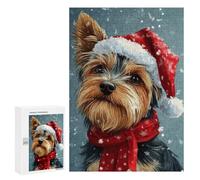 Rompecabezas 300 PCS para Adolescentes Yorkie Christmas Portrait Yorkshire Terrier in Santa Hat Rompecabezas Juegos Familiares Ensamblaje De Patrones Cumpleaños Y Navidad 300 PCS