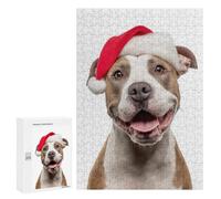 Rompecabezas 300 PCS Para Adultos American Staffordshire Terrier Dog with Santa Hat Portrait Rompecabezas Para Adultos Juegos Divertidos Vacaciones En Casa Matar El Tiempo Para Cumpleaños, Navidad 300