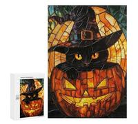 Rompecabezas 300 PCS para Adultos Black Cat in Pumpkin Stained Glass Rompecabezas para Adultos Juegos Divertidos Vacaciones En Casa Matar El Tiempo para Cumpleaños, Navidad 300 PCS