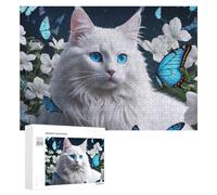 Rompecabezas 300 PCS para Adultos Blue-Eyed White Cat with Butterflies Rompecabezas De Juguete para Decoración De Pared, Divertido Y Humorístico, Cumpleaños 300 PCS