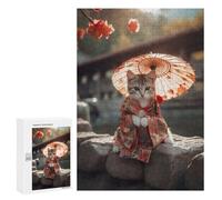 Rompecabezas 300 PCS para Adultos Cherry Blossom Cat in Kimono Rompecabezas para Adultos Juguetes De Bricolaje Pero Divertidos Y Humorísticos para Cumpleaños, Navidad 300 PCS